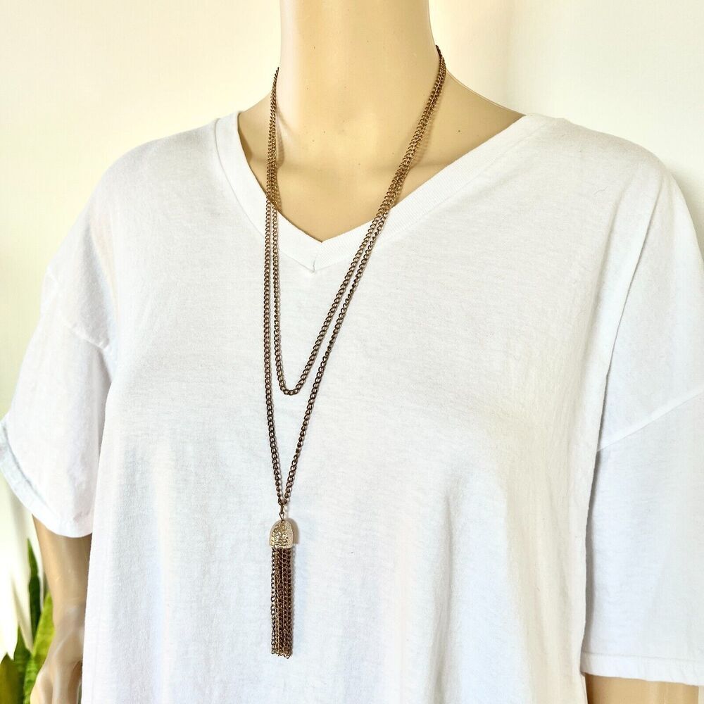 Two Layer Cable Chain Layered Necklace Tassel Pendant Antique Gold Tone 30in